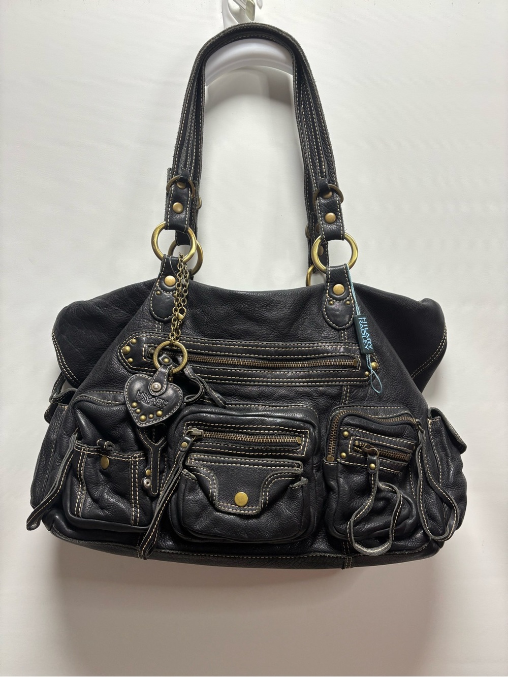 Hilary Radley Black Leather Multi-Zip Shoulder Tote with Charm NWT